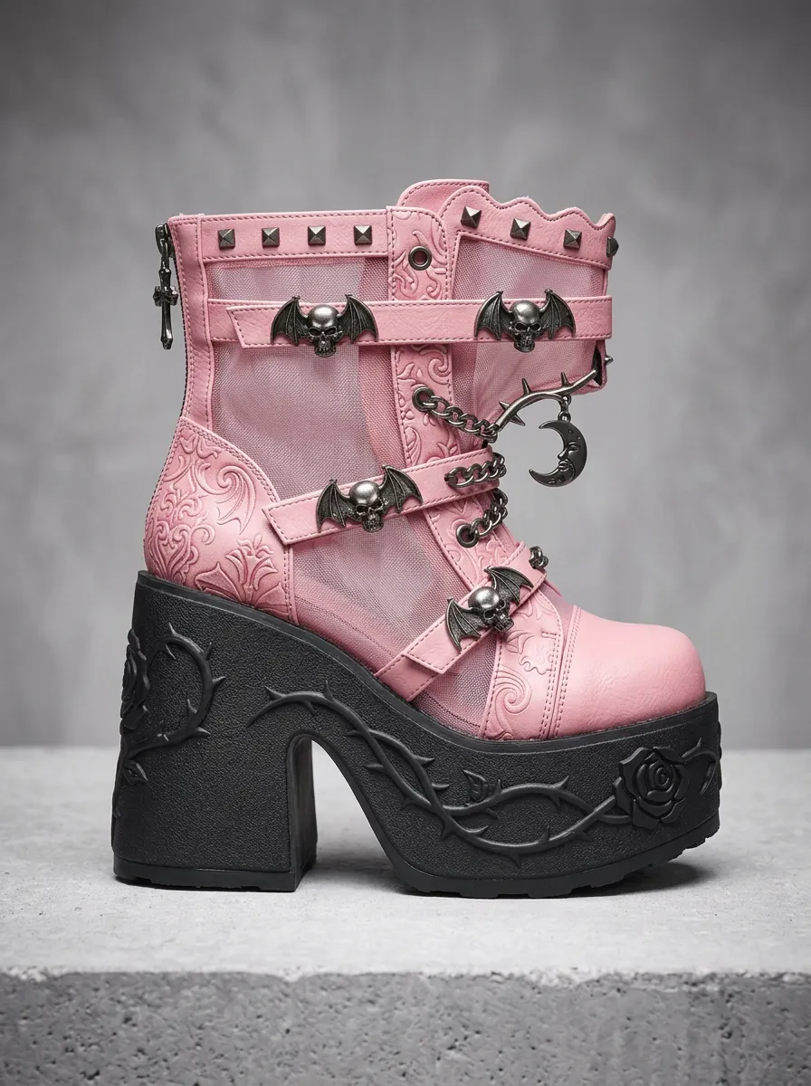 Witchy Skull Bat Moon Silhouette Women's Gothic Platform Boots
