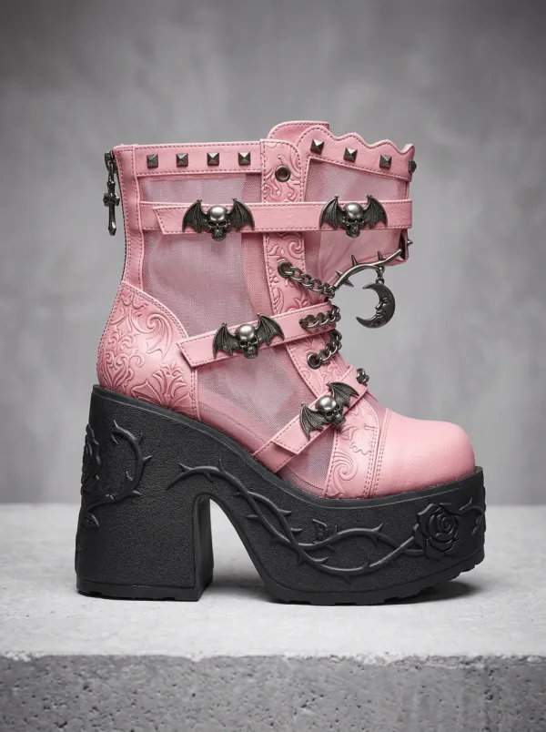 Witchy Skull Bat Moon Silhouette Women's Gothic Platform Boots