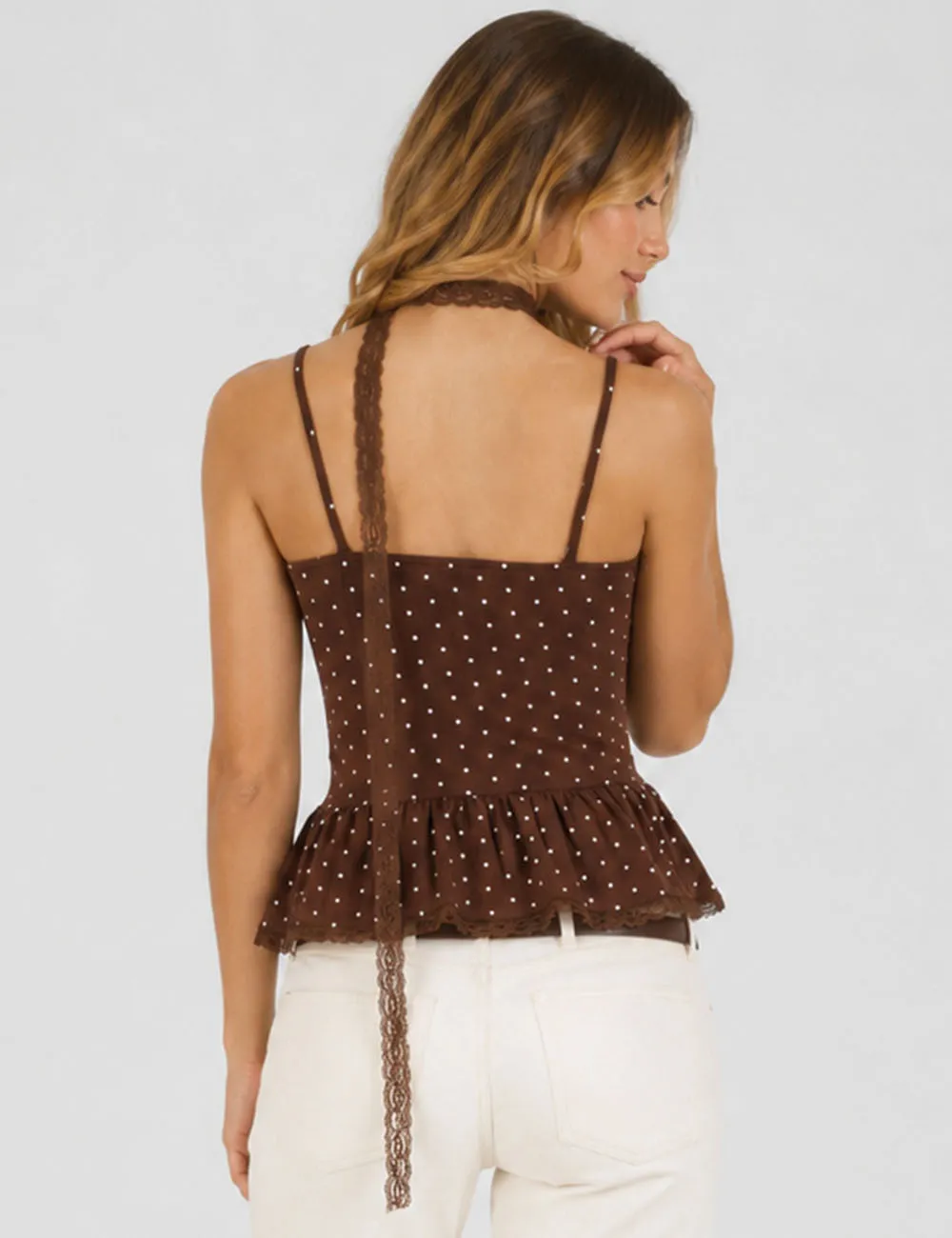 Polka Dot Scarf Neck Lace Trim Peplum Cami Top