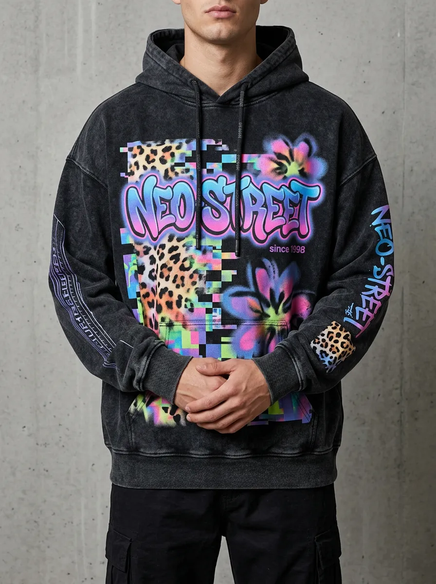 Unisex Streetwear Leopard Floral Glitch Hoodie