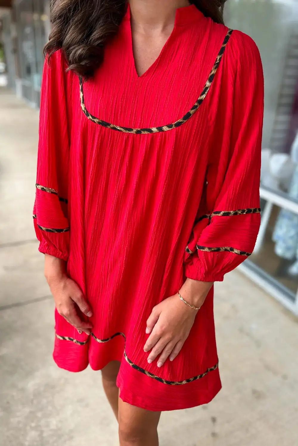 Fiery Textured V Neck Leopard Contrasted Trim Long Sleeve Shift Mini Dress
