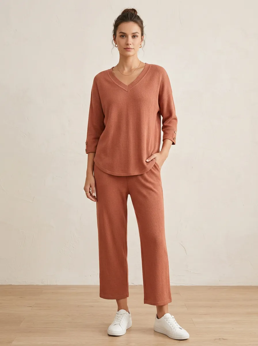 Short-Sleeve Button-Detail Ribbed Women's V-Neck Shirt