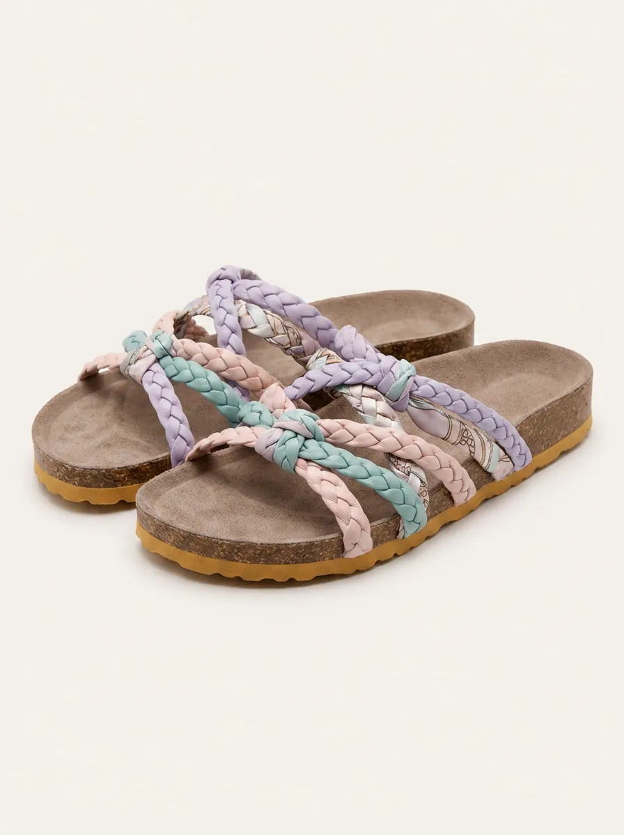 Women's Pastel Braided Strap Cork Footbed Sandals