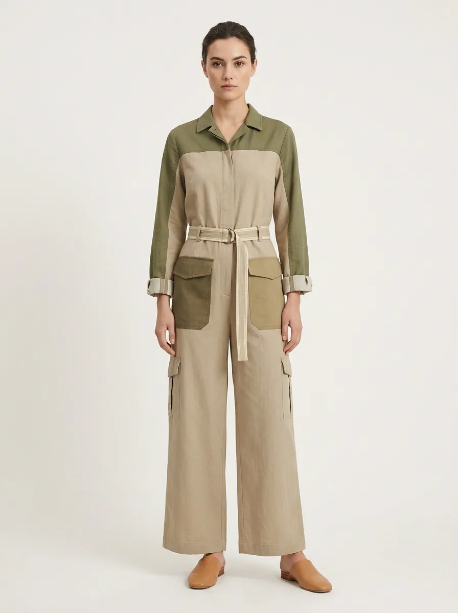 Women's Utility Style Colorblock Cargo Belted Jumpsuit