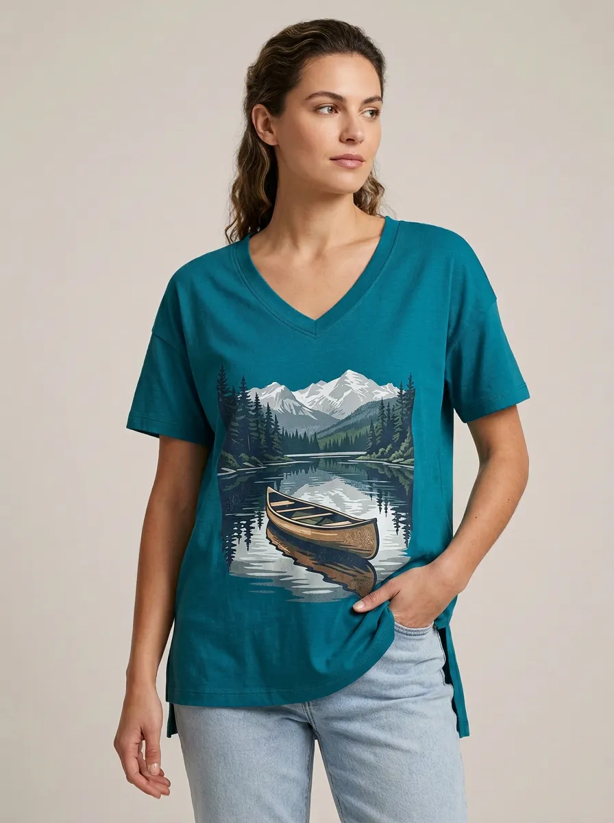 Women's Mountain & Canoe Graphic V-Neck T-Shirt