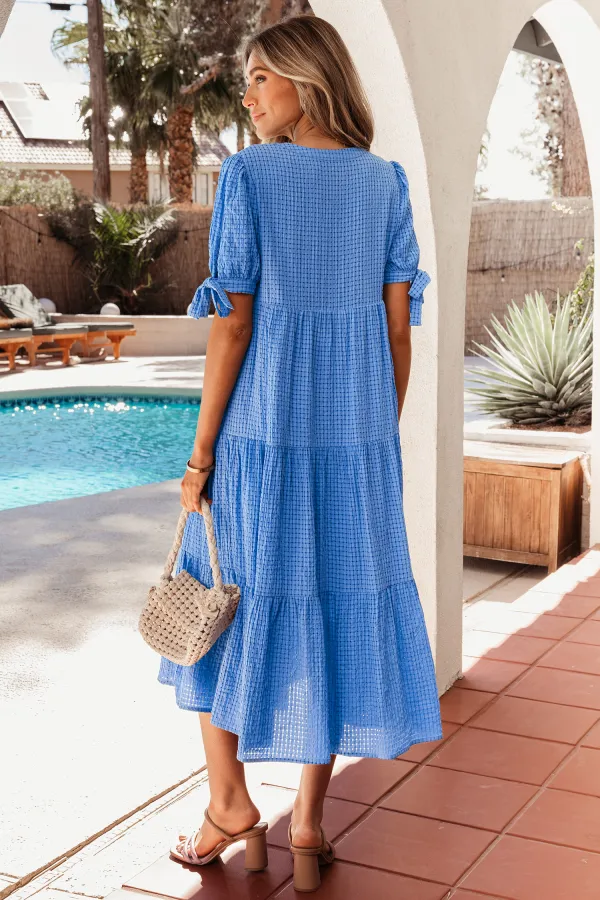 Blue Gingham Bow Tie Midi Dress