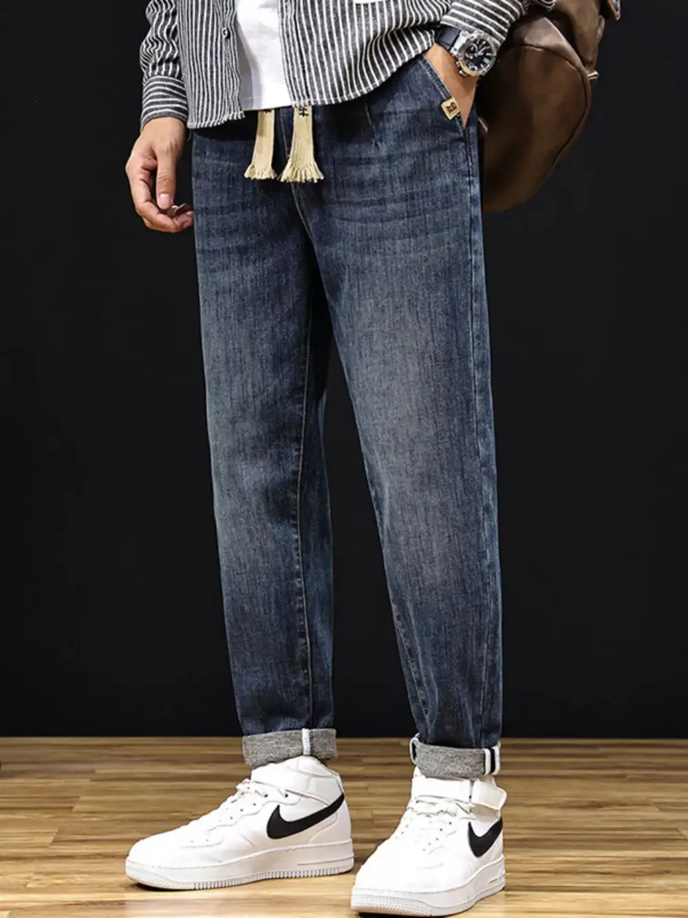 Drawstring Relaxed Fit Stretch Jeans