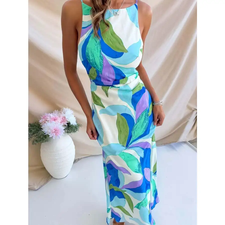 Printed Backless Sleeveless Maxi Dress
