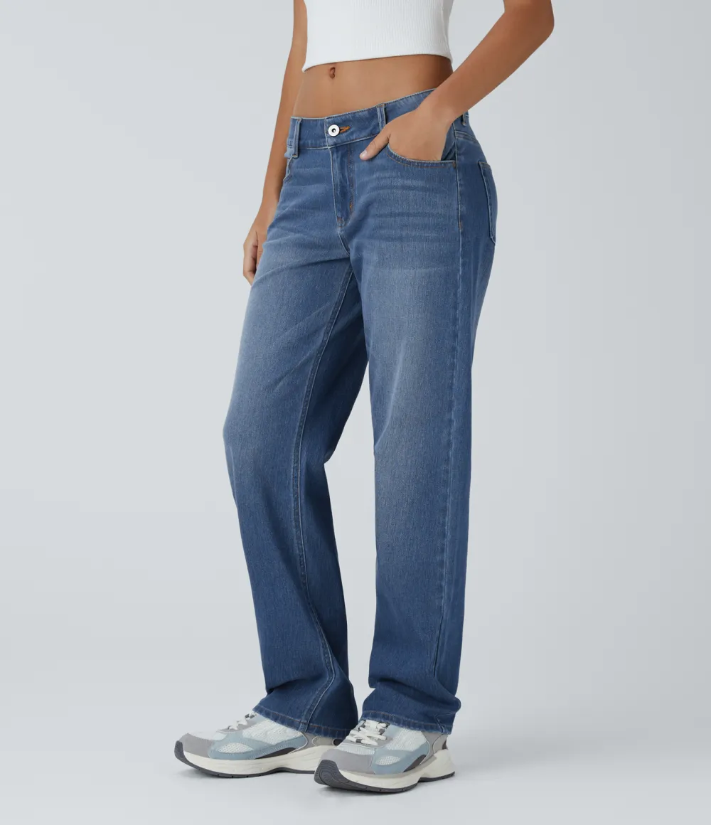 Magic Low Rise Button Zipper Multiple Pockets Straight Leg Washed Stretchy Knit Casual Jeans