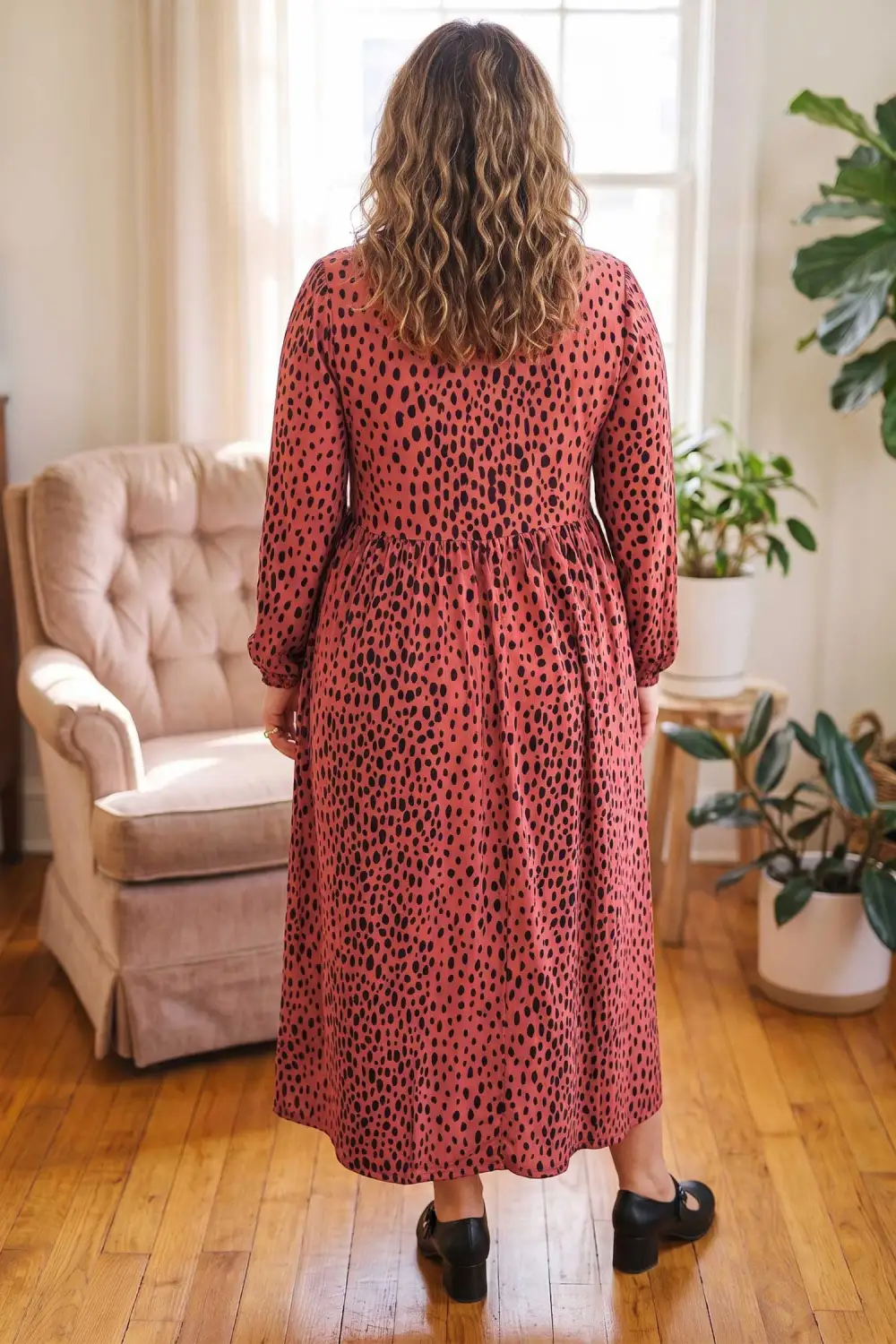 Women's Leopard Print Printed V Neck Long Sleeve Midi Dress