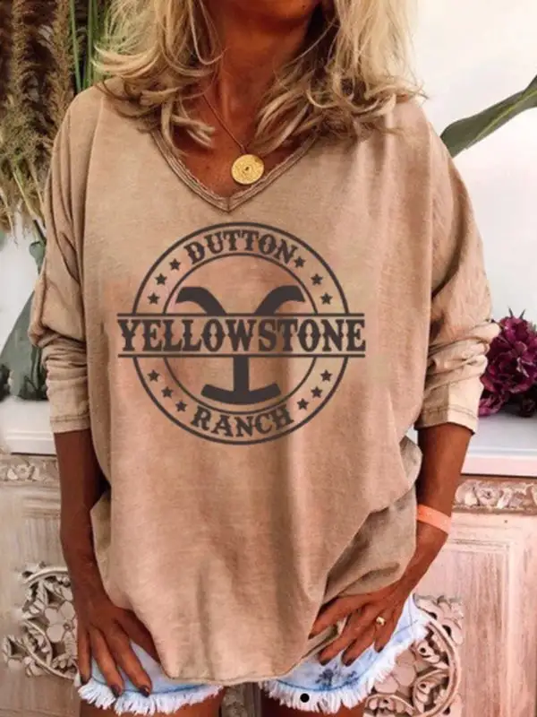 Women's T-Shirts Loose Print V-Neck Long Sleeve T-Shirt（⚡Clearance Sale）
