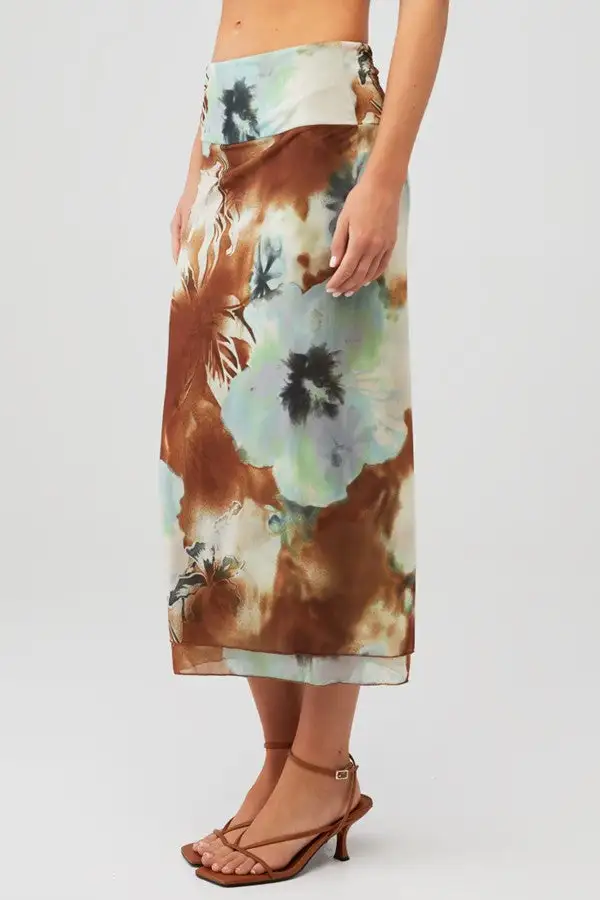 Brown Tie-Dye Floral Midi Slip Skirt
