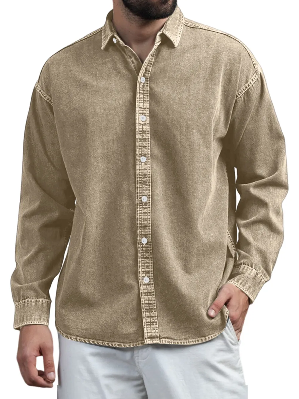 Structured Long Sleeve Open Collar Shirt