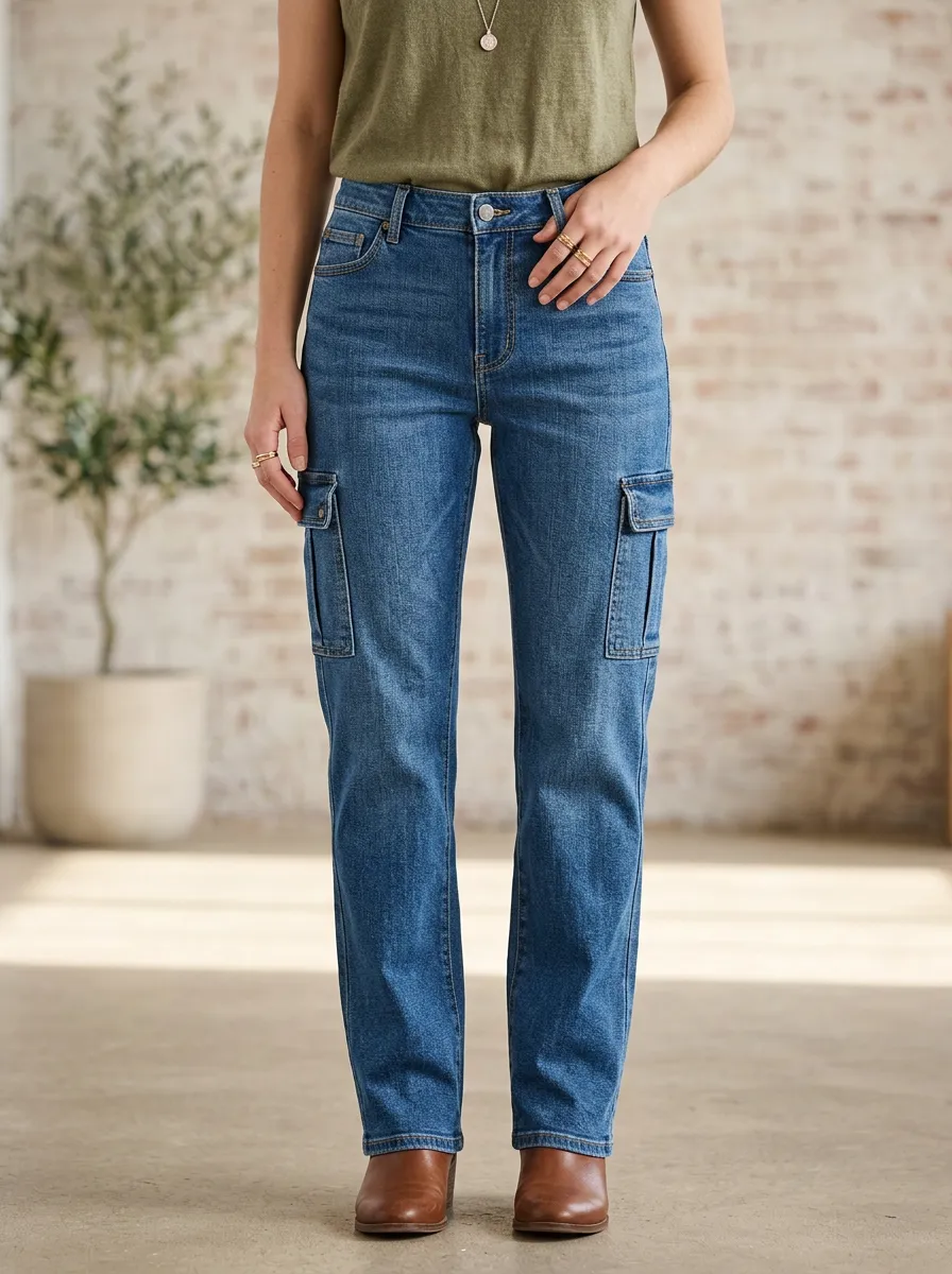 Women's Casual Daily Wear Blue Denim Cargo Pants