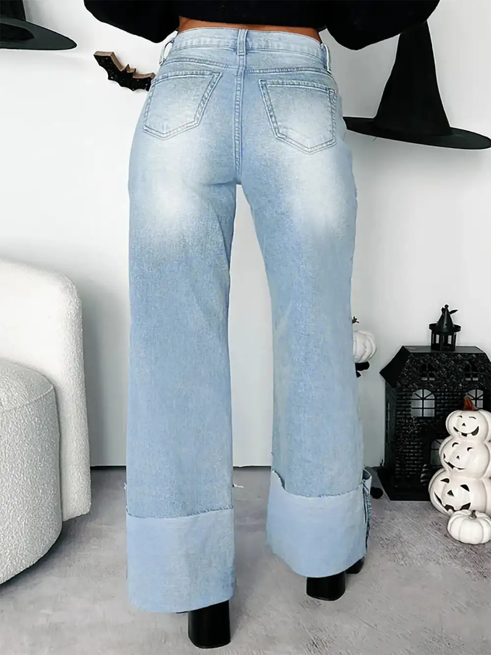 Versatile High Waist Wide Leg Cuffed Denim Jeans