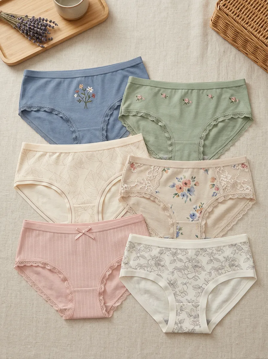 Women's Floral Embroidery Lace Trim Printed Panties 6-Pack