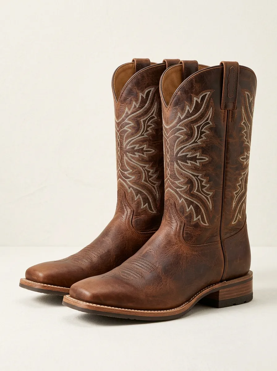 Men's Western Cowboy Embroidered Brown Leather Boots