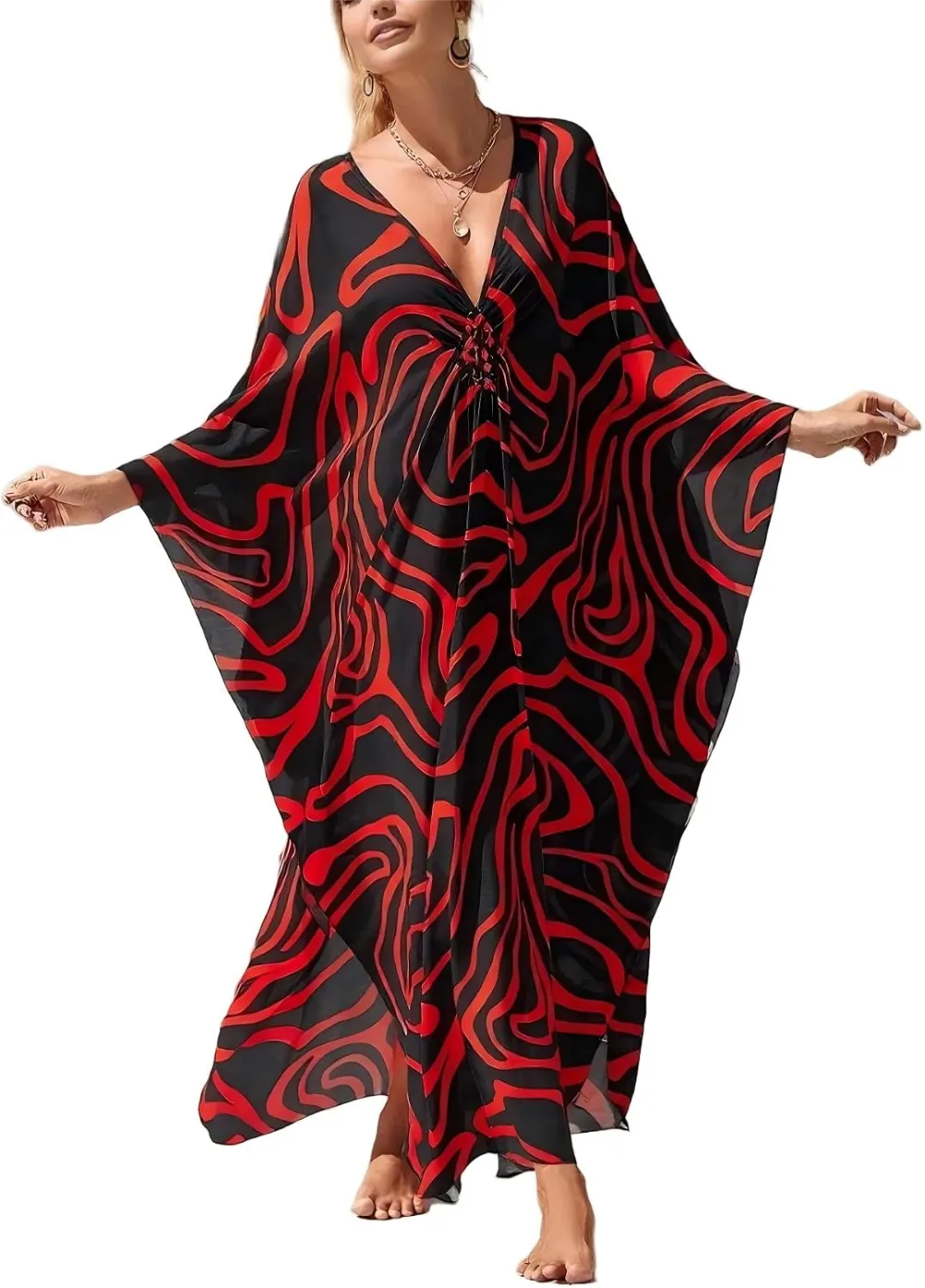 IMAGEKOPE Kaftan Dresses for Women Plus Size V-Neck Moo Moos Batwing Kaftan Beach Dress Bathing Suit Cover-Up Loungewear