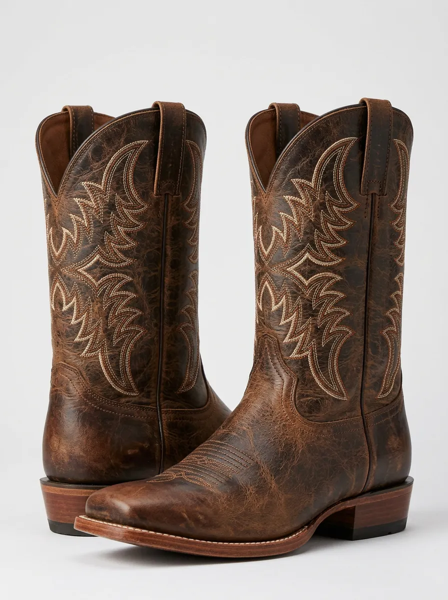 Vintage-Inspired Embroidered Distressed Leather-Look Classic Look Men's Western Cowboy Boots
