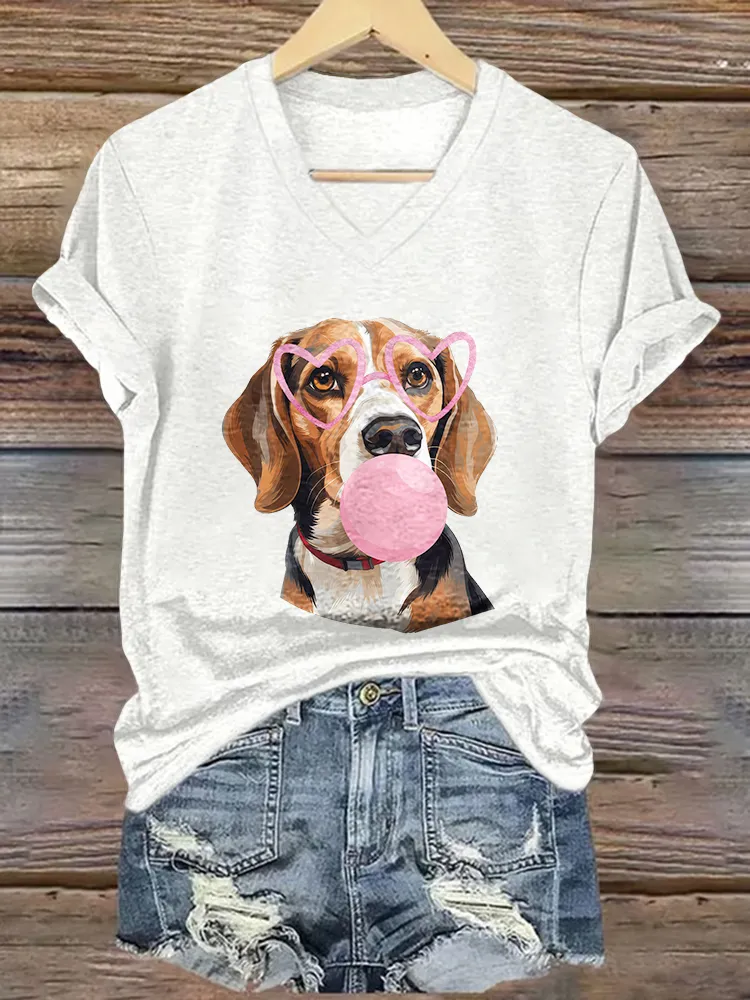 Woman's A Printed Dog Wearing Glasses V-Neck And Short Sleeves T-Shirt