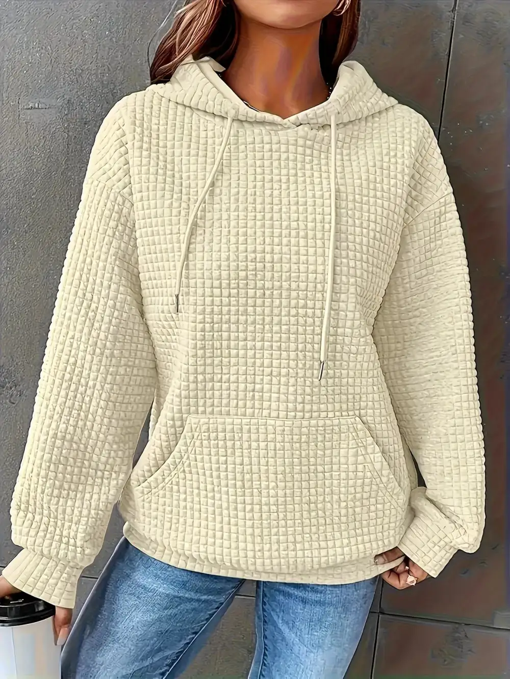 Drawstring Pocketed Textured Knit Hoodie