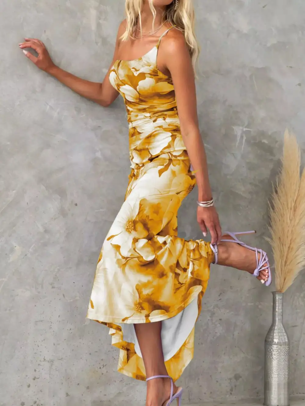 Casual Floral Print One Shoulder Ruched Maxi Dress