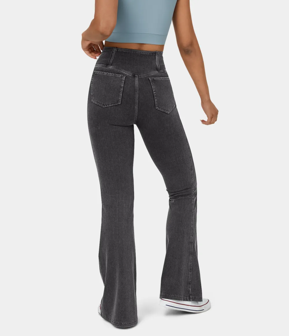Magic High Waisted Crossover Pocket Cool Touch Washed Stretchy Knit Casual Super Flare Jeans