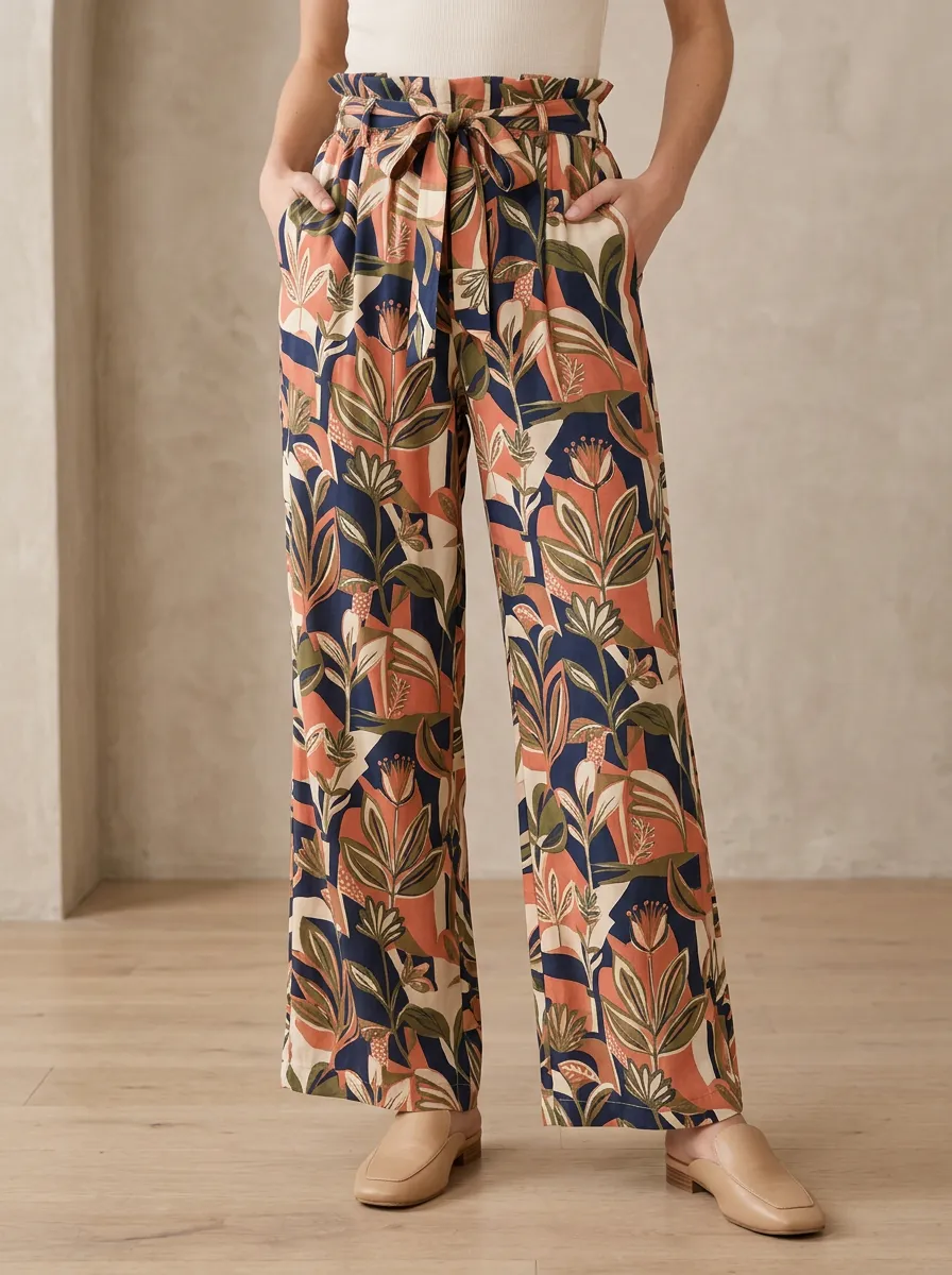 Women's Modern Folk Botanical Floral Printed Wide Leg Pants