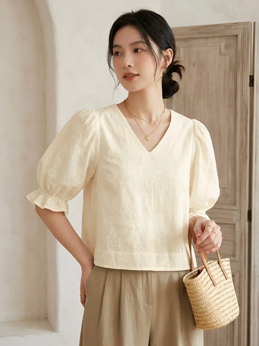 Embroidered V-Neck Women's Puff-Sleeve Blouse