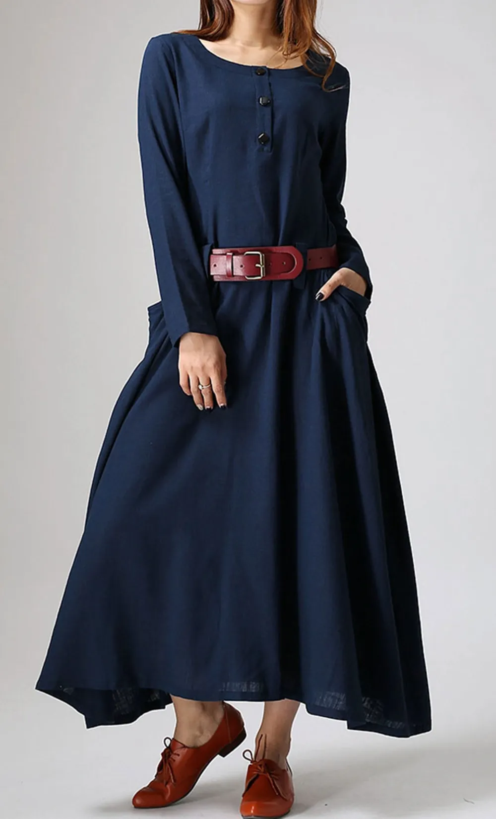 Linen A Line Swing Long Sleeve Maxi Dress