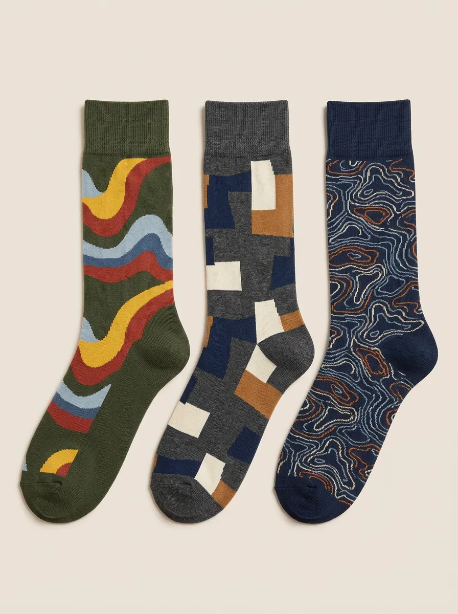 Men's Abstract Geometric Wave Topographic Printed Three-Pack Socks