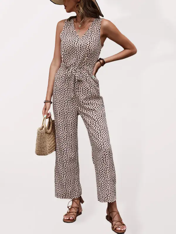 Woven Leopard Print V Neck Jumpsuit