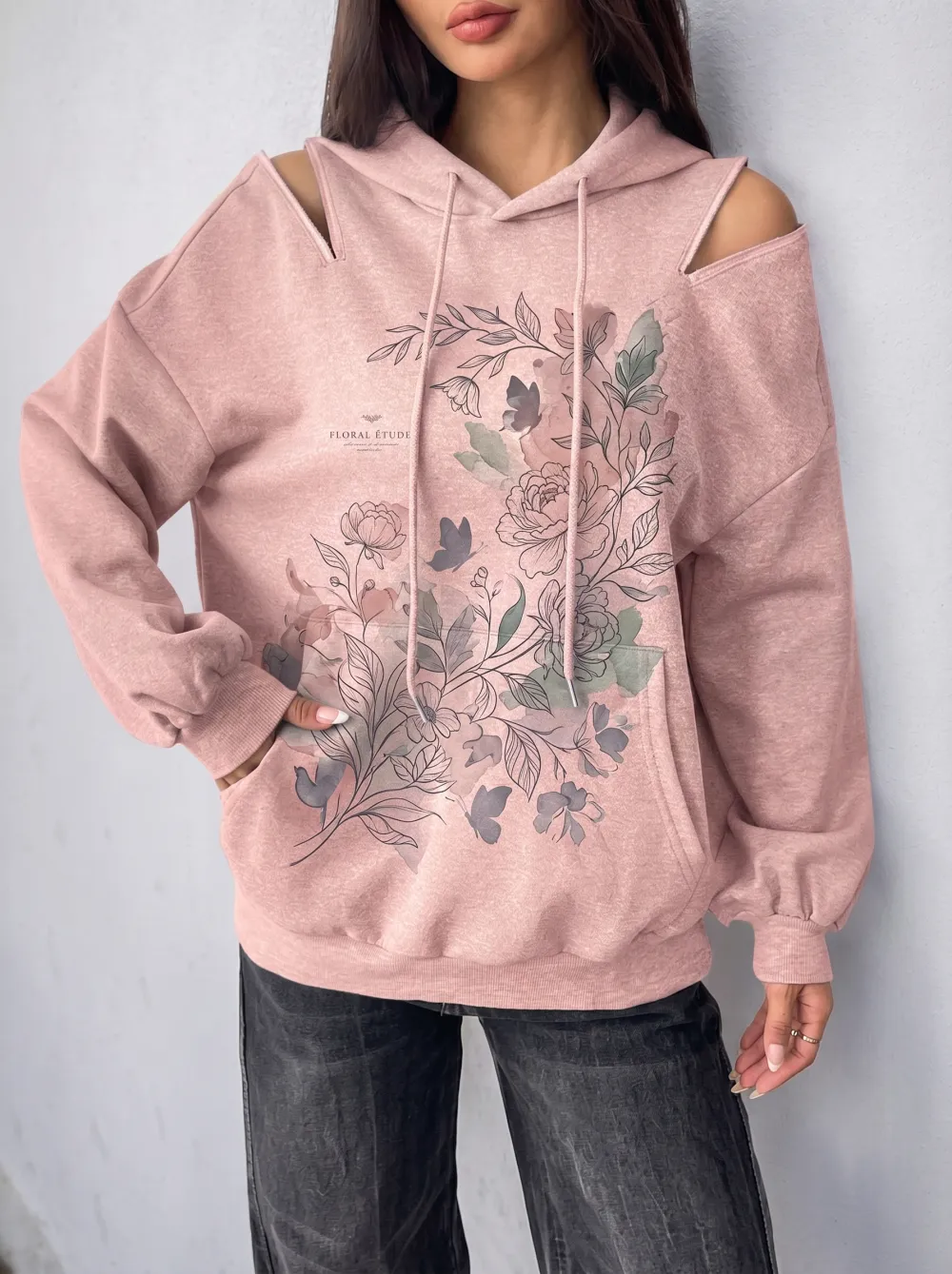 Women's Floral Butterfly Etude Printed Cold Shoulder Hoodie