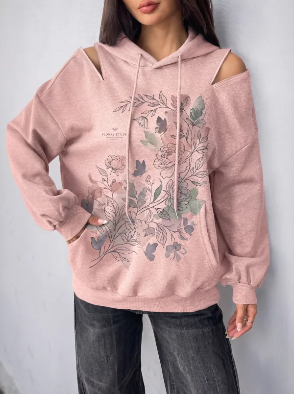 Women's Floral Butterfly Etude Printed Cold Shoulder Hoodie