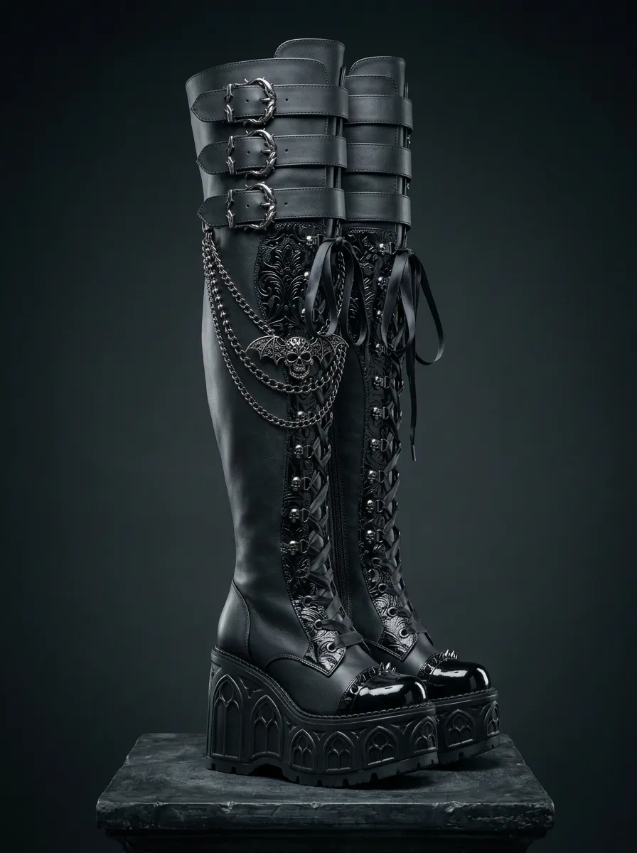 Dark Skull Bat Chain Night Look Women's Gothic Platform Knee High Boots