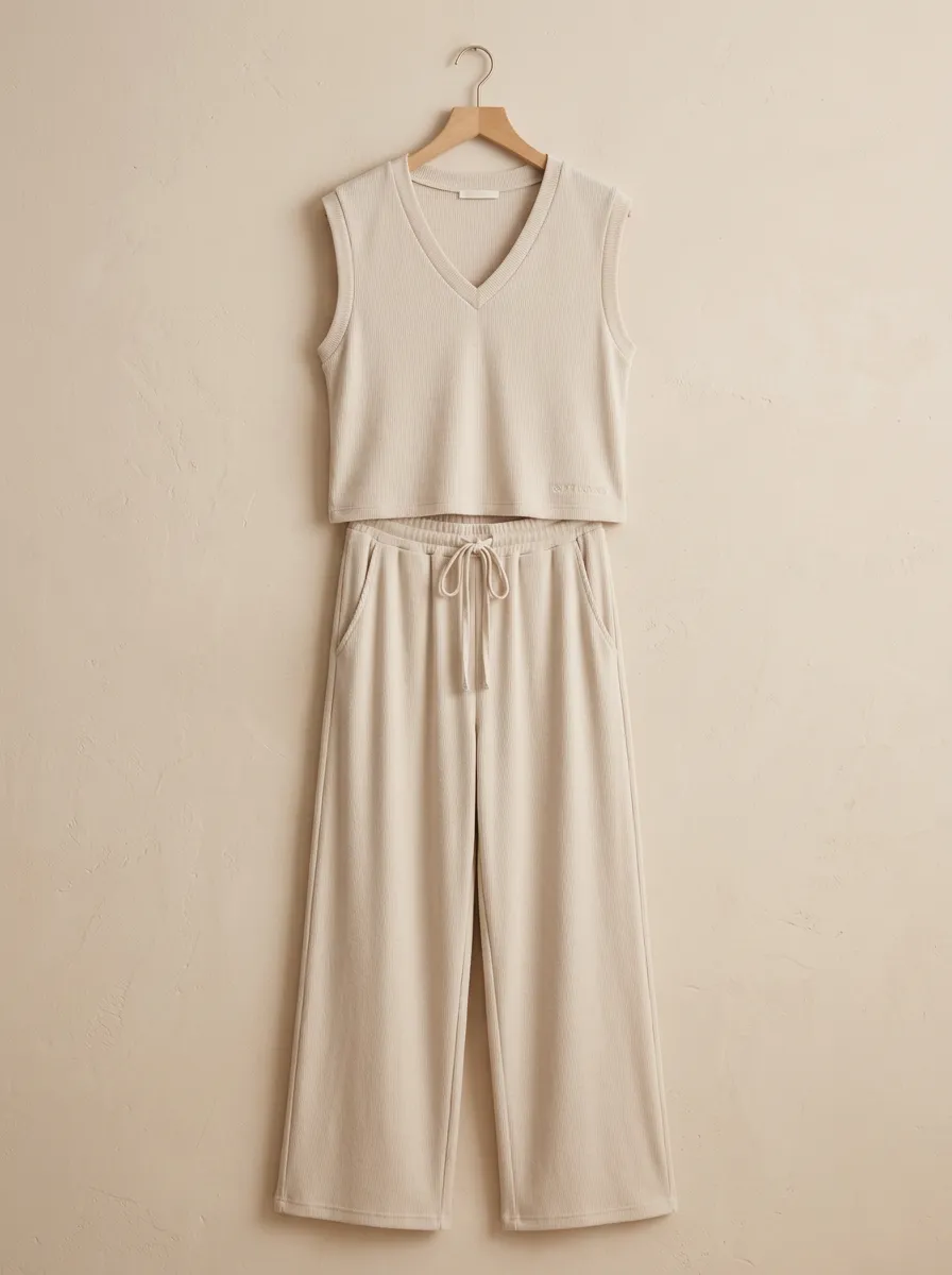 Drawstring Waist Ribbed V-Neck Sleeveless Lounge Set
