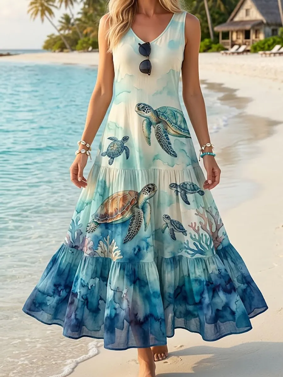 Women'S Sea Turtle Print Vacation Dress
