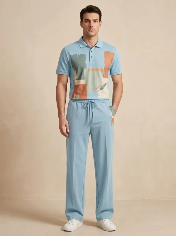 Men's Abstract Brushstroke Printed Casual Polo Set