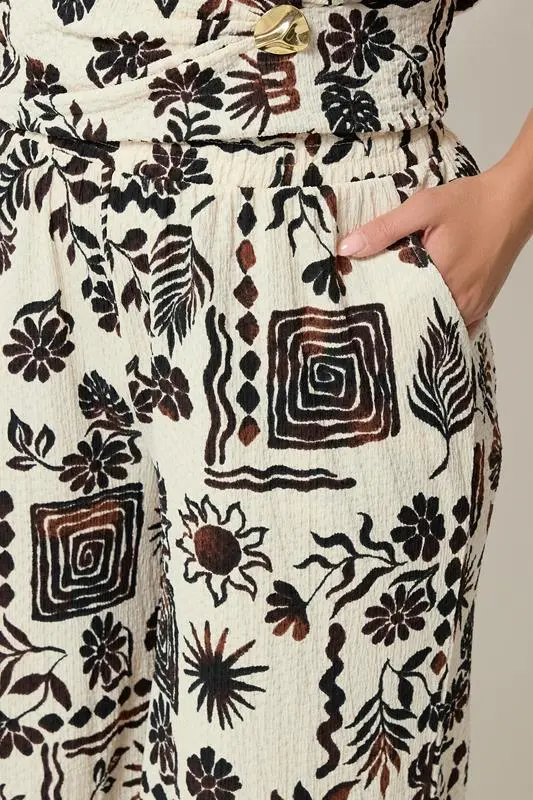 Natural Brown Summer Print Crinkle Wide Leg Trousers