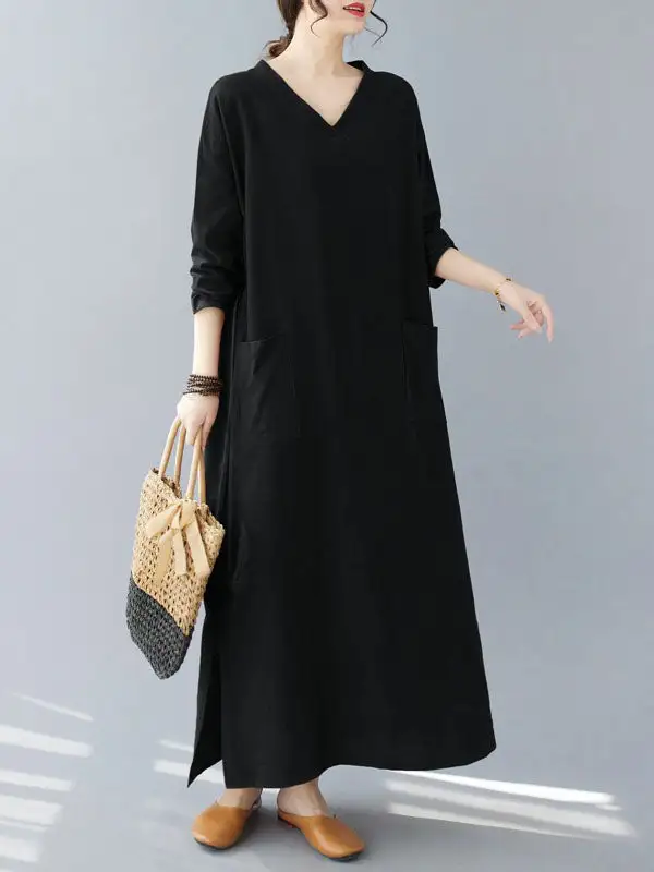 Pockets Long Neck Maxi Dress