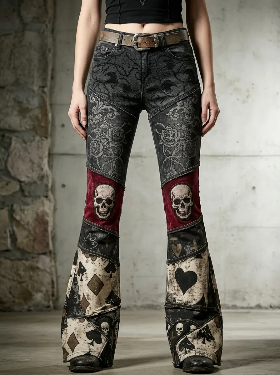 Noir Skull Rose Playing Card Style Women's Gothic Flare Pants