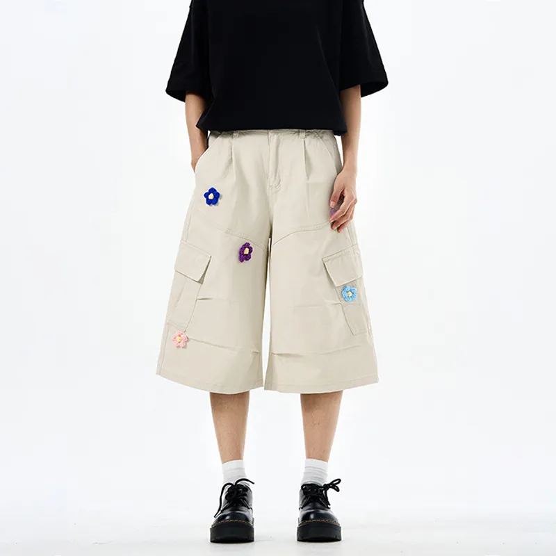 Embroidered Floral Multi Pocket Cargo Shorts