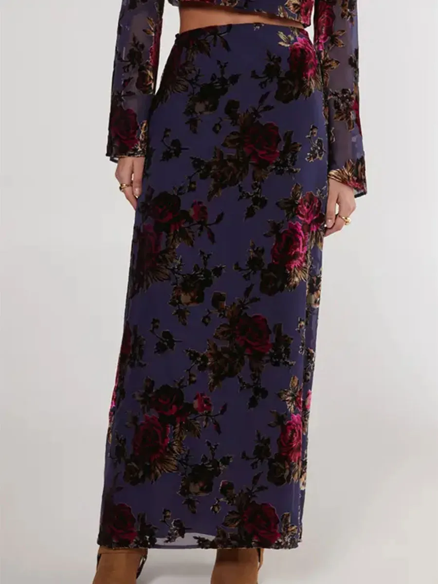 Women's Retro Velvet-Effect Floral Maxi Skirt