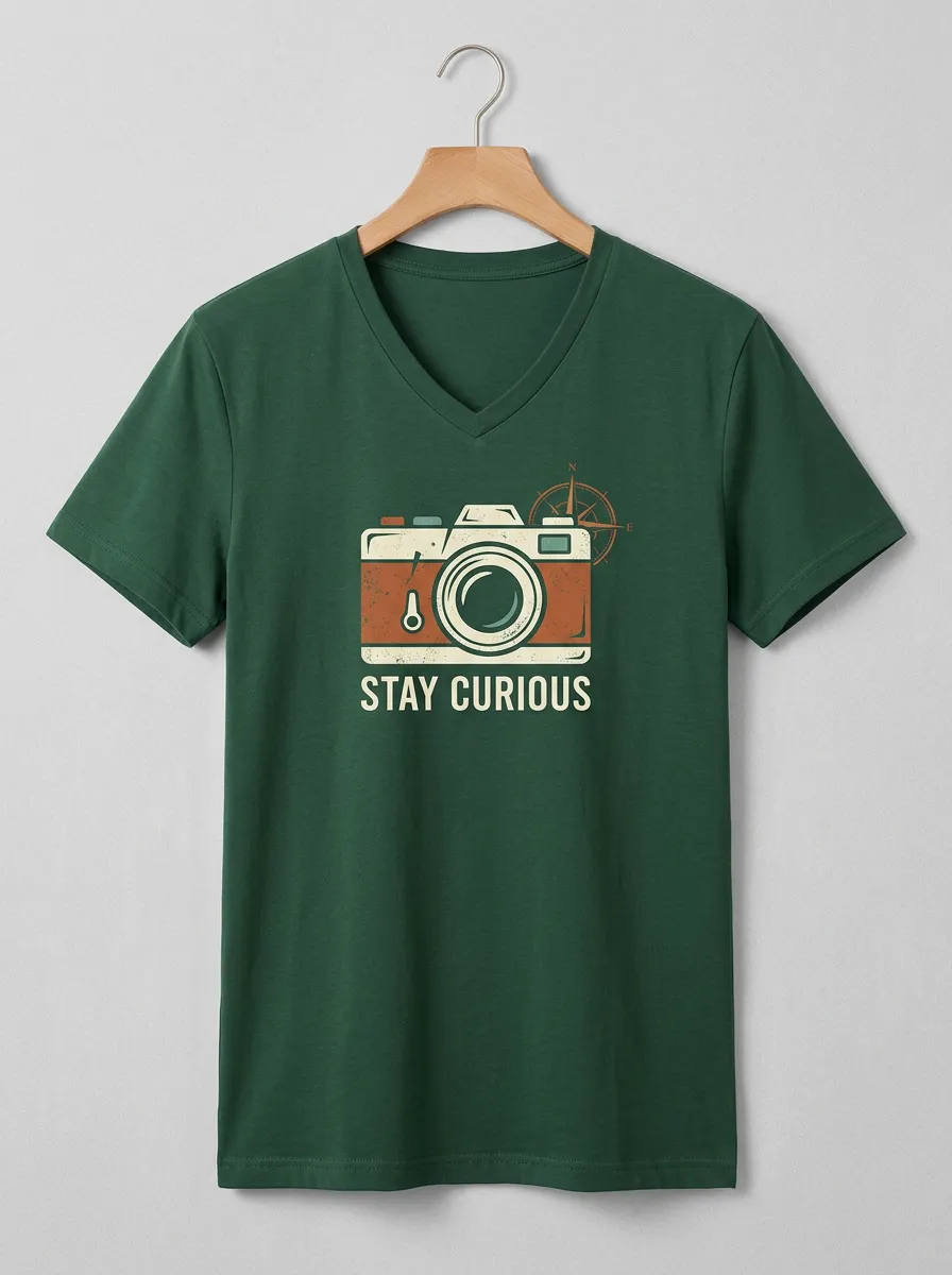 Unisex Photography Lover Stay Curious Camera Compass Printed V-Neck T-Shirt