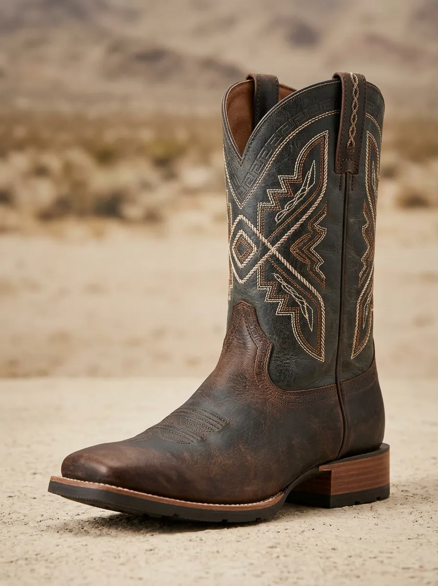 Southwestern Embroidered Leather-Look Ranchwear Edit Men's Western Cowboy Boots