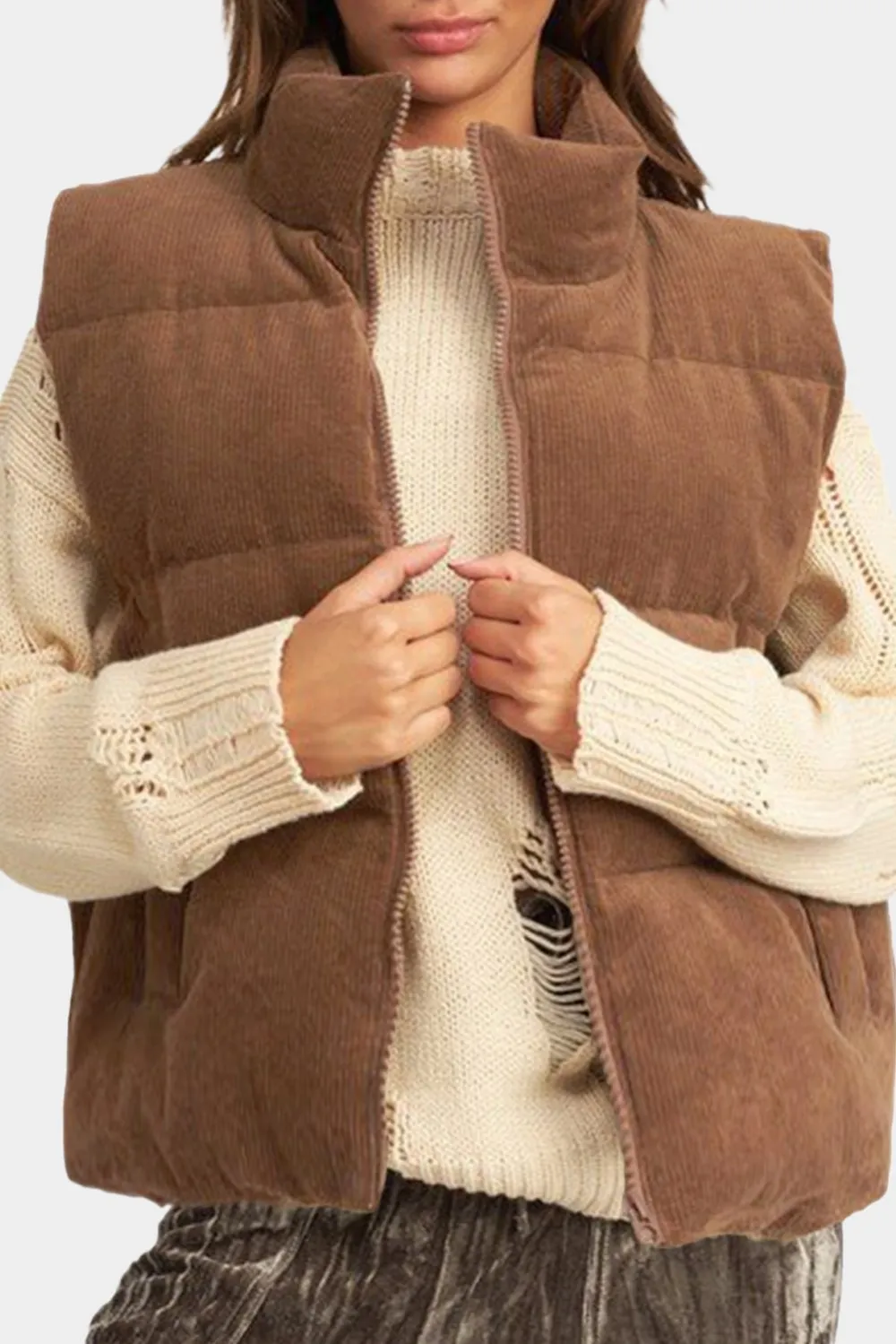 Corduroy Stand Neck Zip Puffer Vest