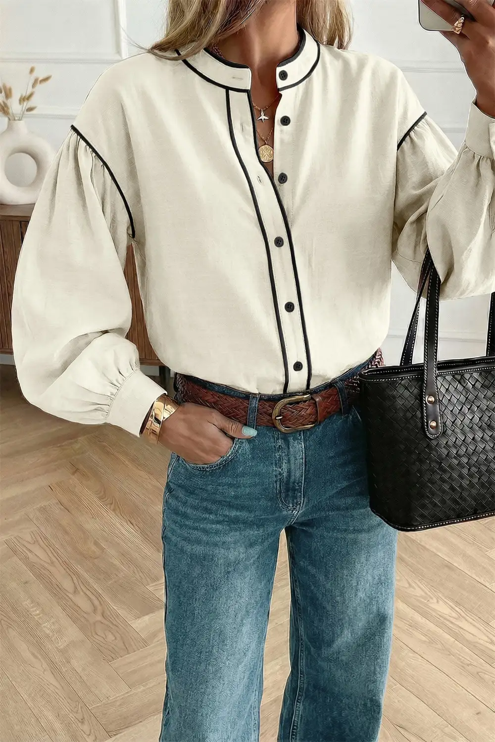 Women's Puff Sleeve Button Front Contrast Detail Blouse