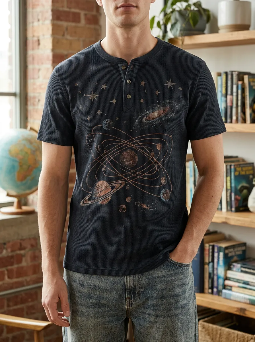 Men's Casual Space Astronomy Solar System Henley T-Shirt
