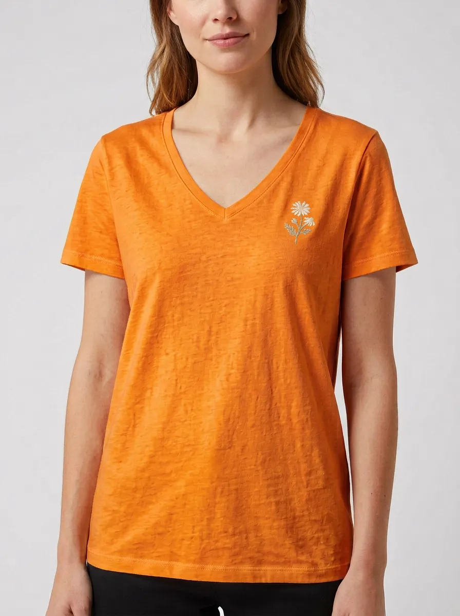 Women's Floral-Embroidered Clean-Finish V-Neck T-Shirt
