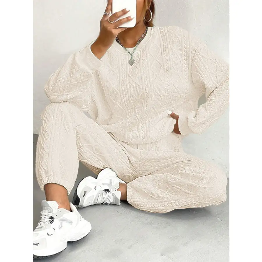 Relaxed Texture Round Neck Top and Pants Set